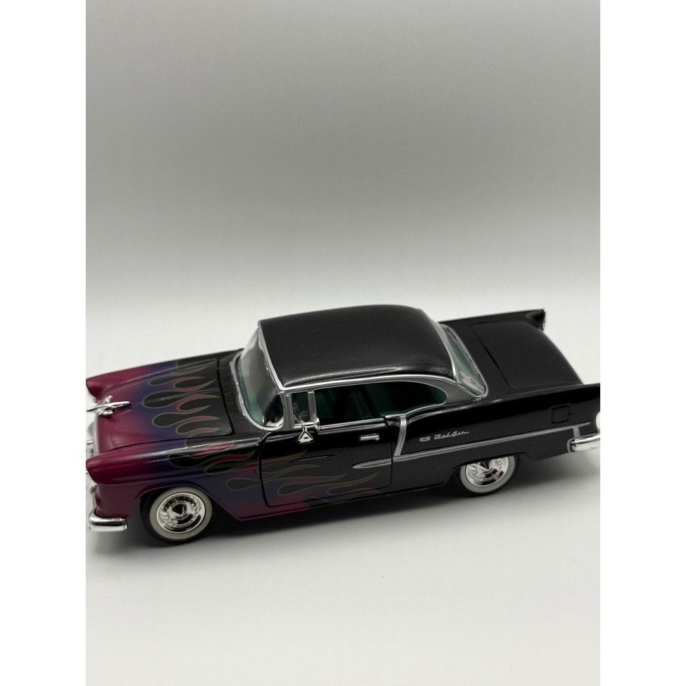 1955 Chevrolet Bel Air Diecast Model Car Black with Purple Flames 1:24 Scale